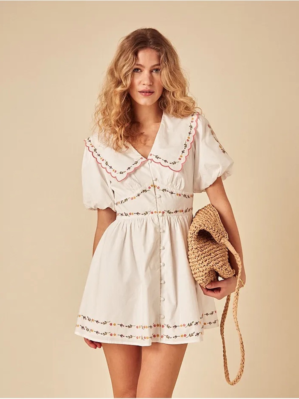 White Embroidered Short-Sleeve Mini Dress